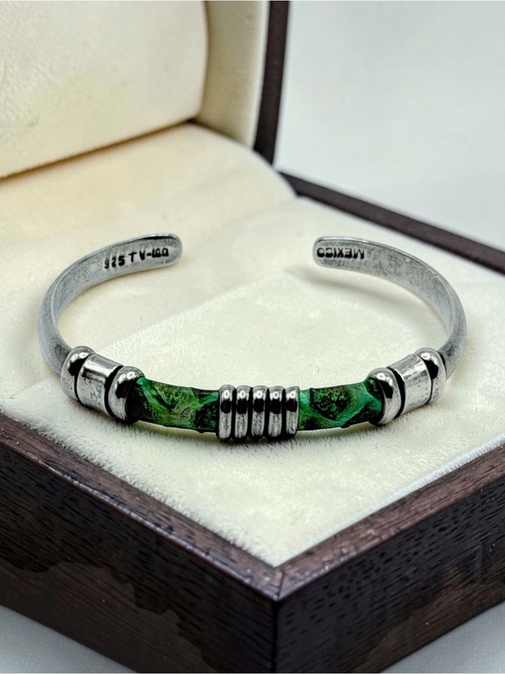 Vintage Taxco Mexico 925 Sterling Silver Green Iguana Leather Cuff Bracelet 6-7”